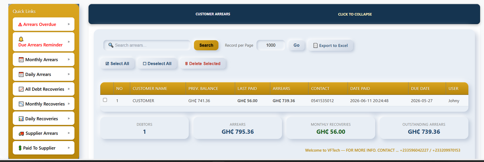 Customer Arrears